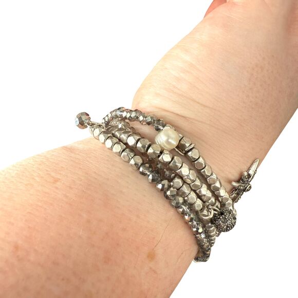 J. Jill Multi-Strand Beaded Bracelet Metal Starburst Pearl Pave Charms Magnetic - Picture 8 of 12